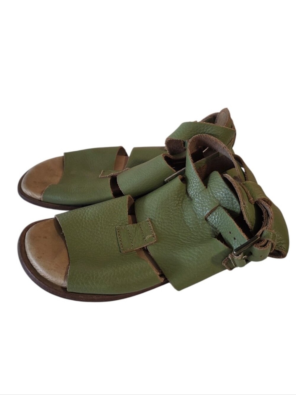 Geewawa Boho Green Leather Open-Toe Strappy Sandals Comfort Luxe Hippie